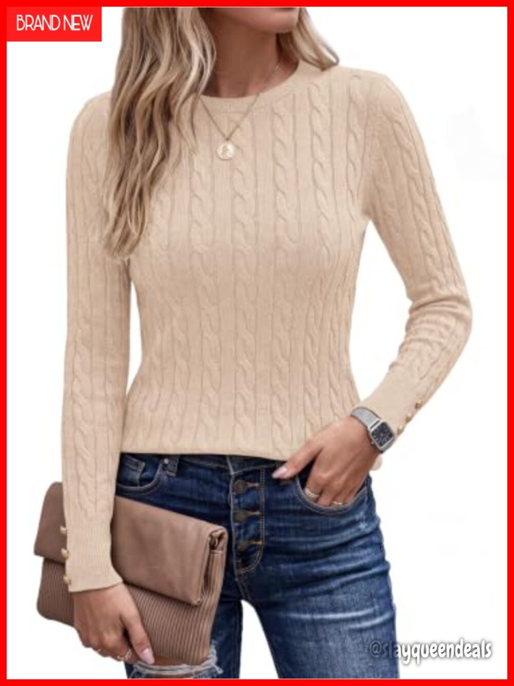 Cable Knit Long Sleeve Crewneck Pullover Sweater Gold Button Cuffs